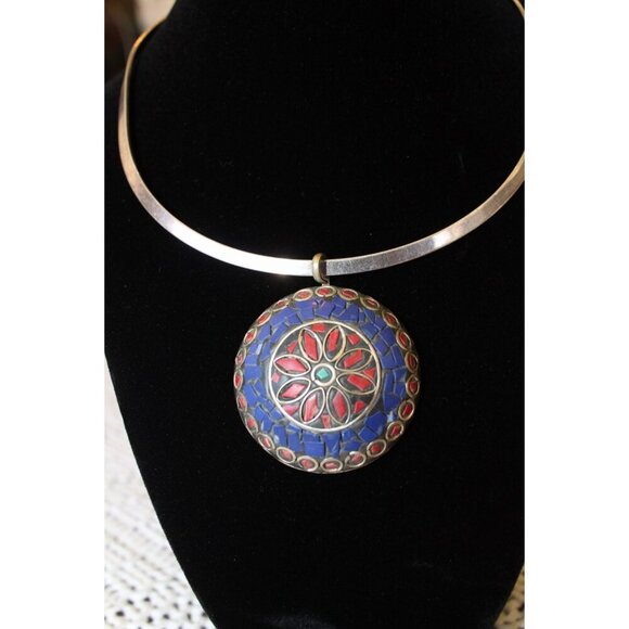 Vintage Mosaic Multicolor Pendant & necklace Handmade Ethnic Bohemian tribal - Picture 6 of 11